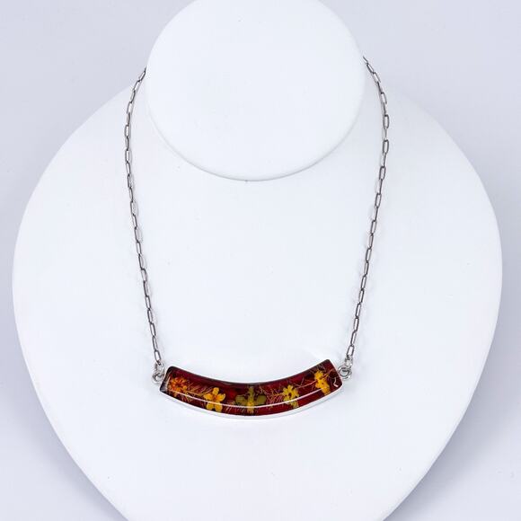 Vintage Sterling Silver Pressed Flower Bar Necklace | Real Botanical Jewelry 16" - Picture 2 of 7